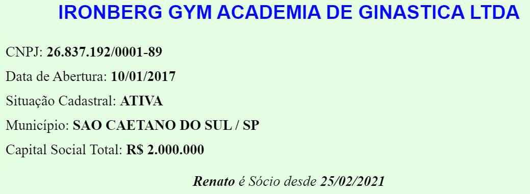 Empresa do renato cariani - IRONBERG GYM ACADEMIA DE GINASTICA LTDA CNPJ: 26.837.192/0001-89